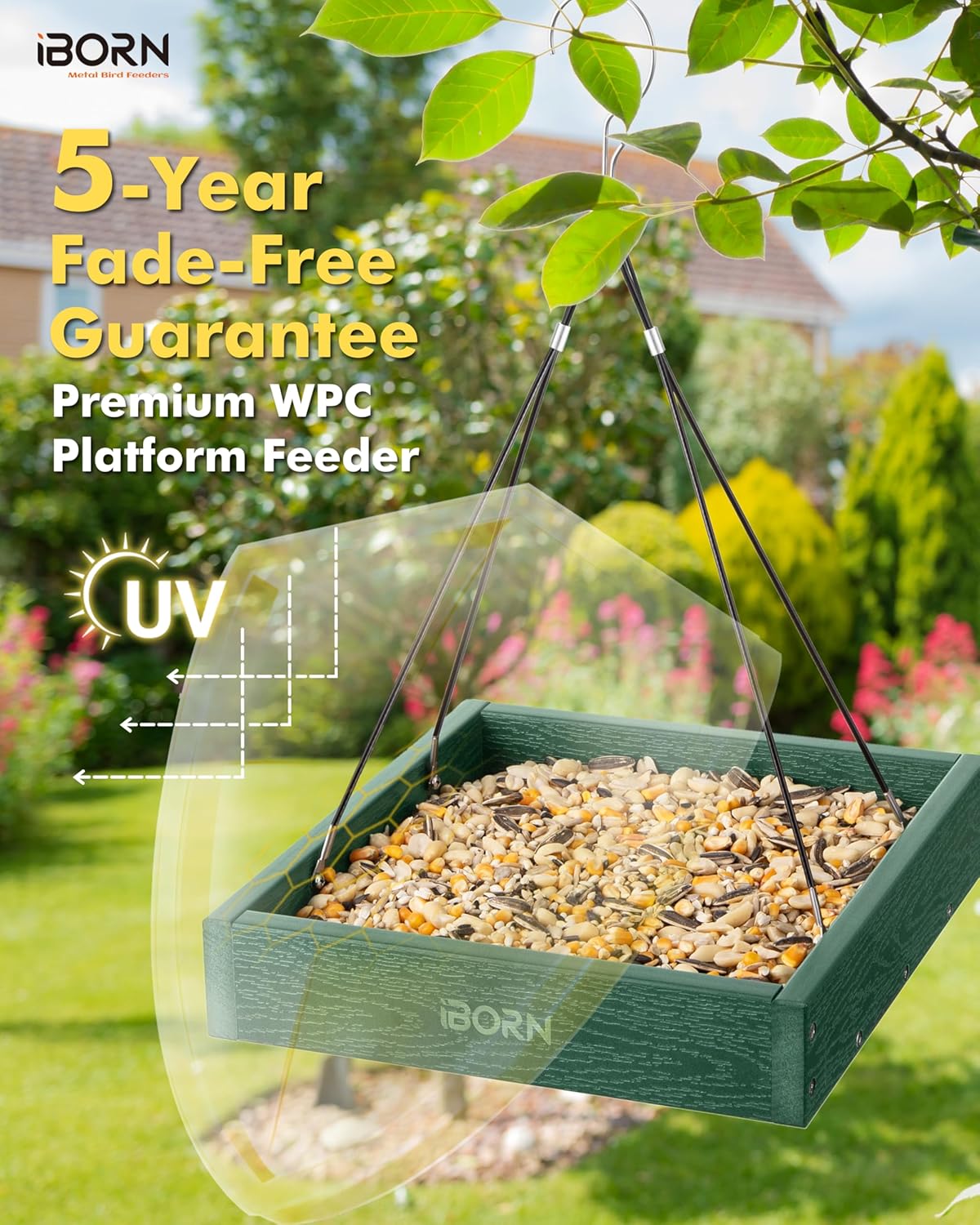 iBorn Platform Bird Feeder Tray Bird Feeders for Outdoors 10.6"x10.6" Platform Feeder with Large Capacity 3 LBS, Recycled Plastic & Cedar Look, Waterproof, Green