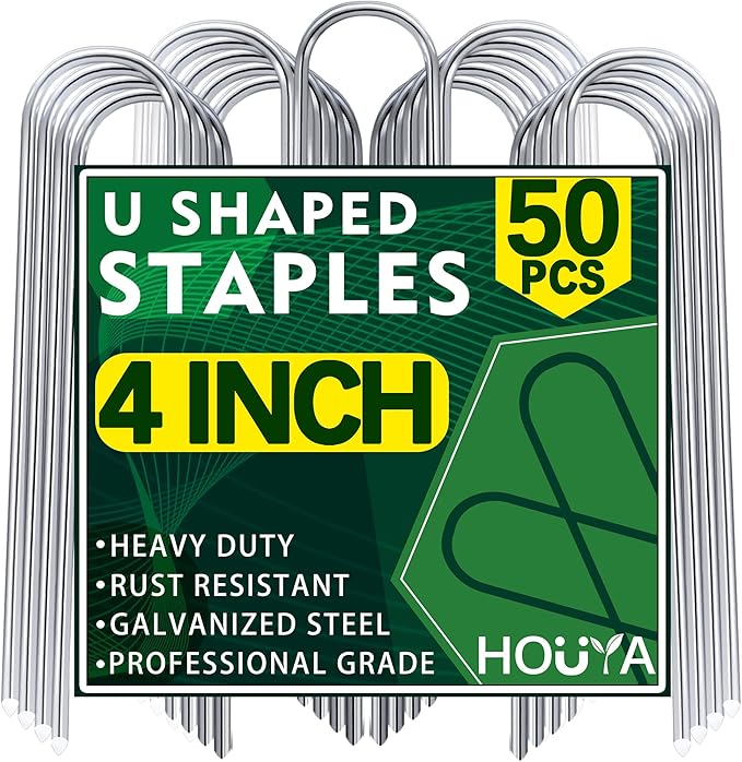 50 Pack Garden Stakes 4 Inch U-Shaped Drip Irrigation Stakes Galvanized Landscape Staples Garden Pins Ground Stakes for Soaker Hose Drip Line Tubing Yard Lawn Staples