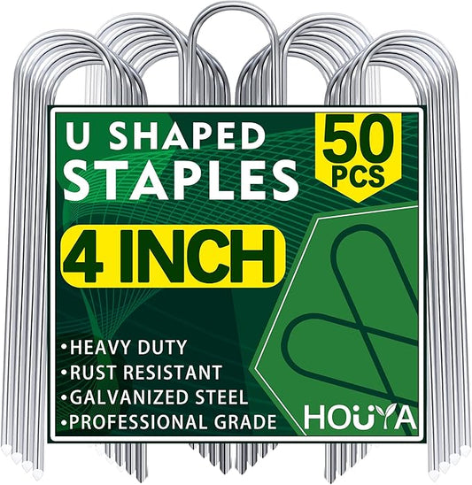 50 Pack Garden Stakes 4 Inch U-Shaped Drip Irrigation Stakes Galvanized Landscape Staples Garden Pins Ground Stakes for Soaker Hose Drip Line Tubing Yard Lawn Staples