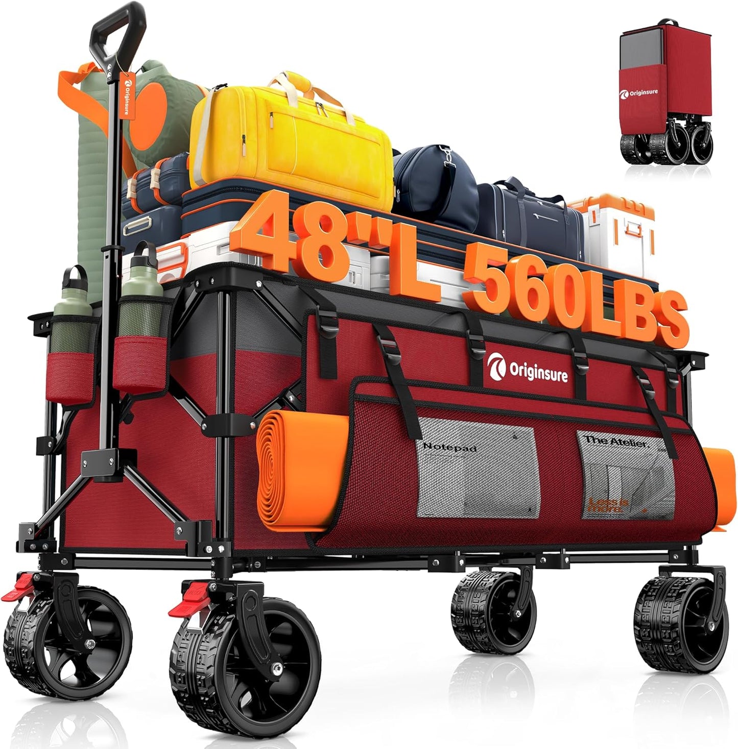 48" L Collapsible Wagon Cart Foldable, 560lbs Weight Capacity 300L Heavy Duty Folding Beach Wagons with Big All-Terrain Wheels, Utility Carts for Groceries, Shopping, Camping, Sports - Grey&Red