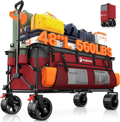 48" L Collapsible Wagon Cart Foldable, 560lbs Weight Capacity 300L Heavy Duty Folding Beach Wagons with Big All-Terrain Wheels, Utility Carts for Groceries, Shopping, Camping, Sports - Grey&Red