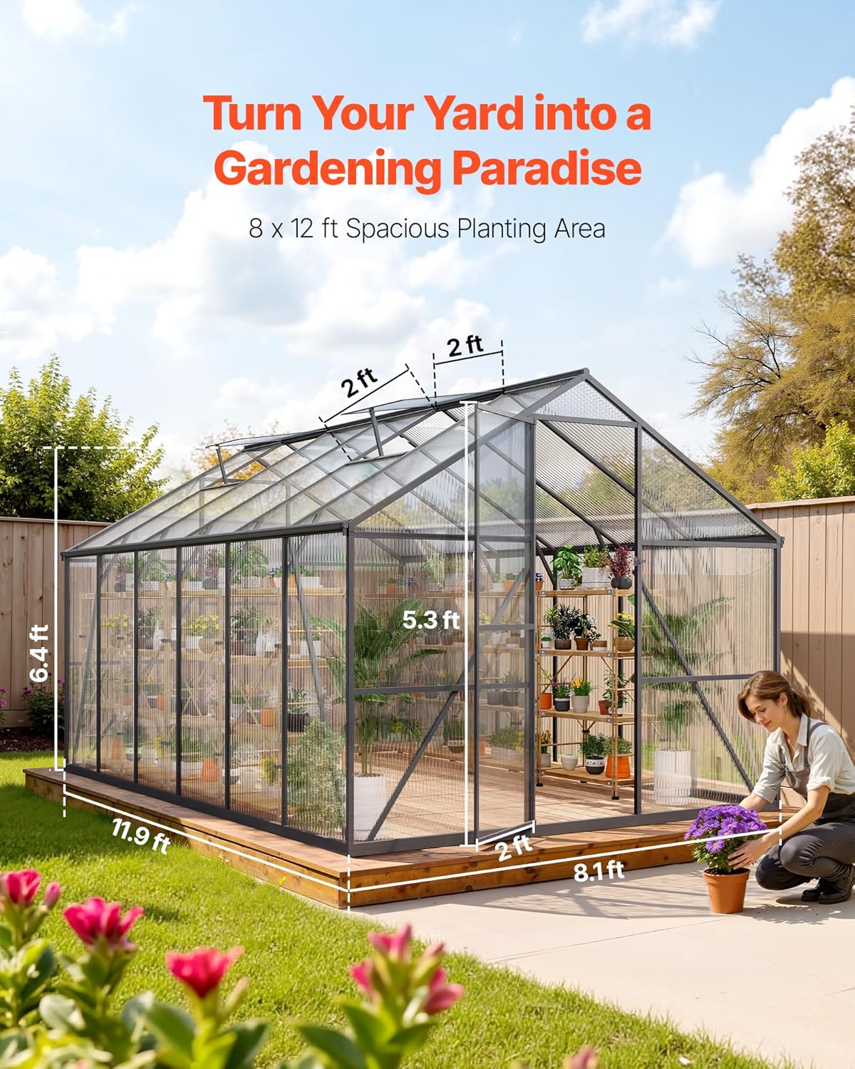 VEVOR 8 x 12 FT Polycarbonate Greenhouse, Heavy Duty Outdoor Green House with Adjustable Vent & Push-Pull Lockable Door, Quick Setup, Aluminum Frame Walk-in Greenhouse Sunroom for Outside Garden Lawn
