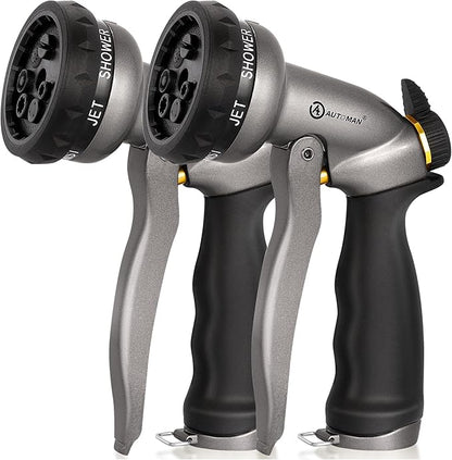 AUTOMAN Garden Hose Nozzle - 2 Pack, 100% Metal High Pressure Spray Nozzle, Labor-Saving Design, Heavy Duty for Garden Watering, Car Washing, Window Cleaning, Pets Bathing