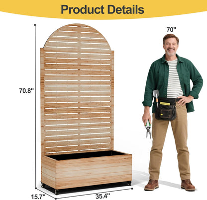 Raised Garden Bed with Arched Trellis and Wheels,73"x35"x16" Metal Raised Garden Bed,Acacia Finish Metal Planter with Climbing Trellis for Vines & Vegetables