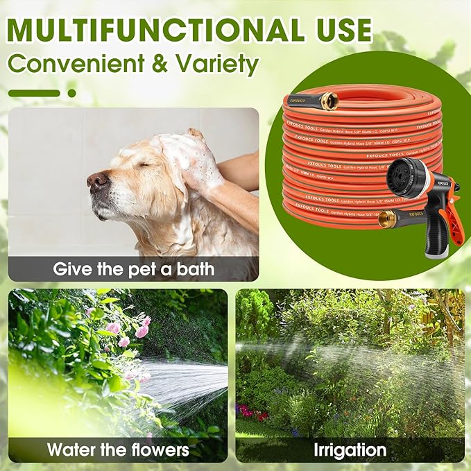 Heavy Duty Garden Hose – 5/8 Inch Flexible, Lightweight Hybrid Hose with 600 PSI Burst Pressure, Swivel Handle, and Durable Copper Male/Female Fittings (Orange with hose sprayer, 100FT)