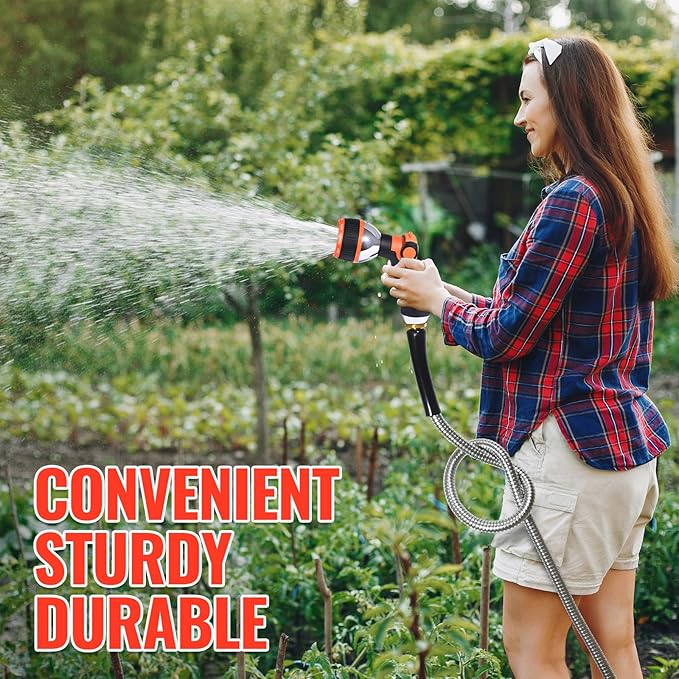 YAMATIC 100FT Stainless Steel Garden Hose with 10 Pattern Spray Nozzle, Heavy Duty Metal Water Hose, Kink-Free, Rust Resistant Hose for Yard, Lawn, RV, Outdoor