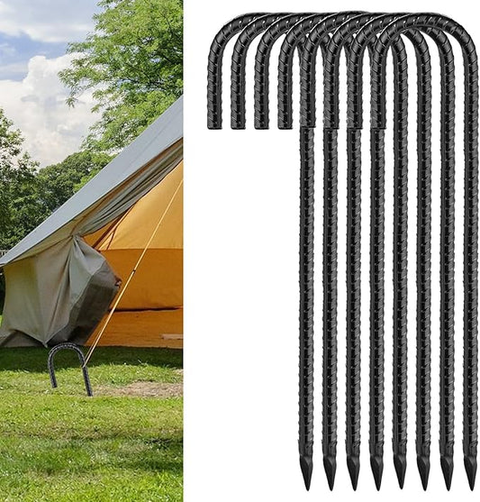 Black Rebar Stakes 16inx10mm Galvanized J Hook 8pcs – Heavy Duty Ground Tent Stakes for Fence,Bounce House,Outdoor Plants,Artificial Turf,Dog Coop,Metal Stakes for Christmas Decorations