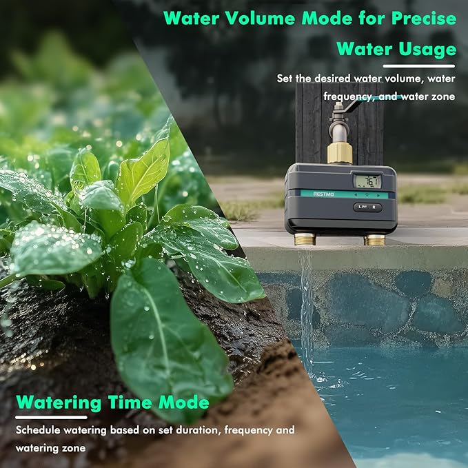 RESTMO Smart Sprinkler Timer with Flow Meter, 2 Zone Water Timer for Garden Hose, Brass Inlet & Outlet, Automatic Lawn & Yard Irrigation Watering System, APP Remote Control (2.4Ghz WiFi Connection)