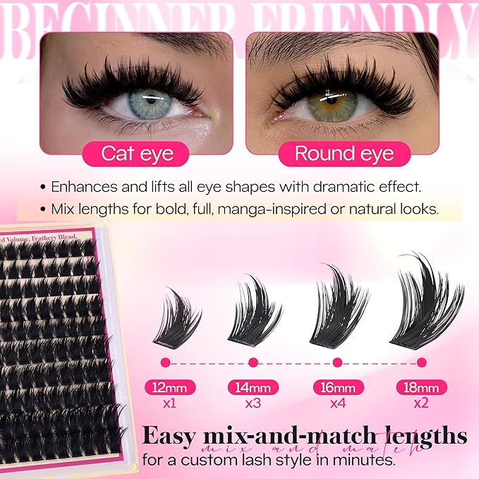 FANXITON Lash Clusters with Spiky Lash Clusters Volume Eyelash Clusters 10-18MM Thick Individual Lashes D Curl Cluster Eyelash Extensions 3D DIY Lash Extension at Home