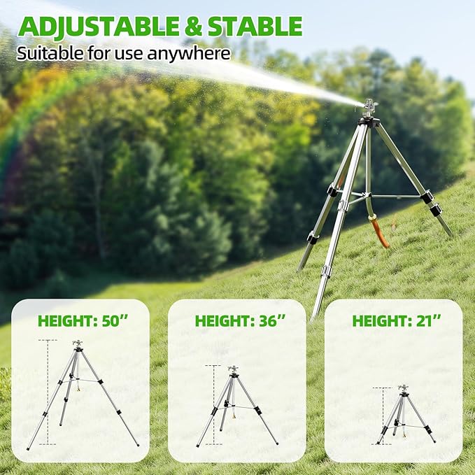 SPECILITE Brass Impact Sprinkler on Tripod Base, 50” Heavy Duty Metal Pulsating Telescoping Sprinkler, 360 Degree Irrigation for Large Area, Yard, Lawn, Waters up to 90ft, Covering up to 6360sqft