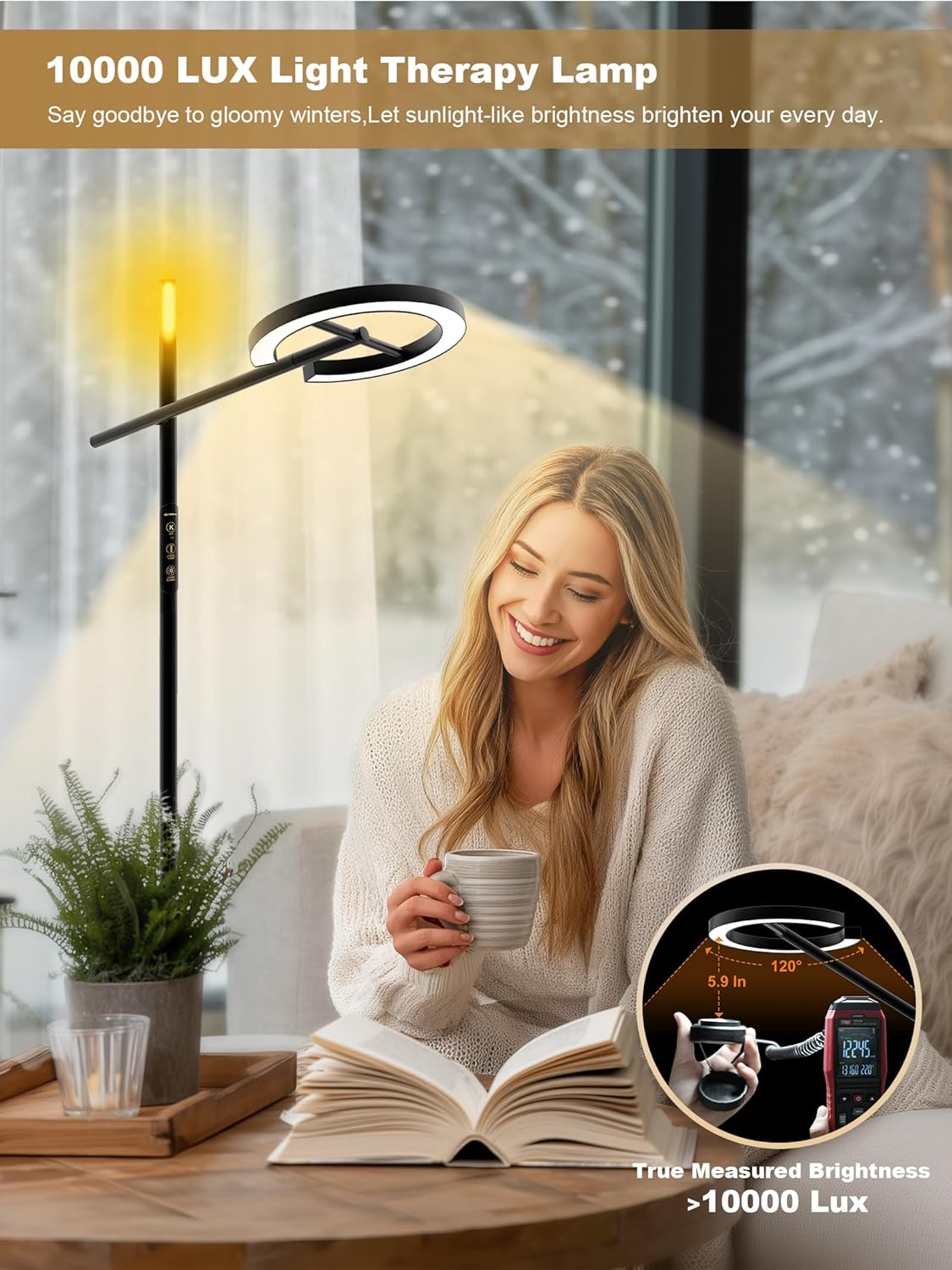 GLOWRIUM Smart Wake Up Light Therapy Lamp with App, 10000 Lux Full-Spectrum Happy Therapy Light, UV-Free Sun Lamp, Circadian Rhythm, Remote, Timer, Cozy Light Settings for Winding Down