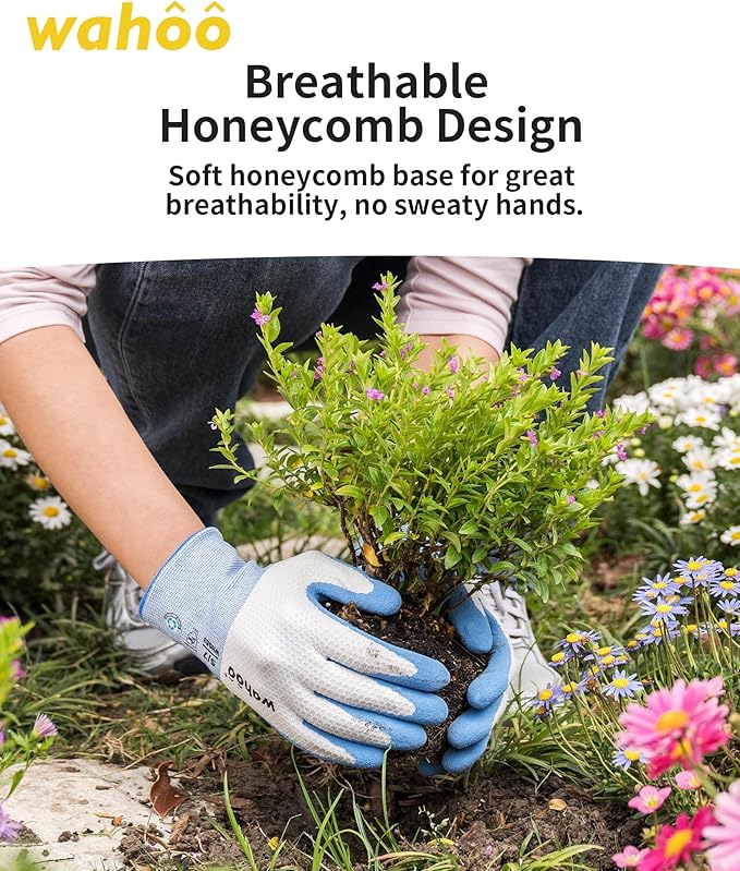 wahoo Gardening Gloves for Women, Garden Gloves with Latex Palm Coated, Breathable B.COMB AIR Technique, Pureed Pumpkin & Azure Blue, Medium, 2 Pairs