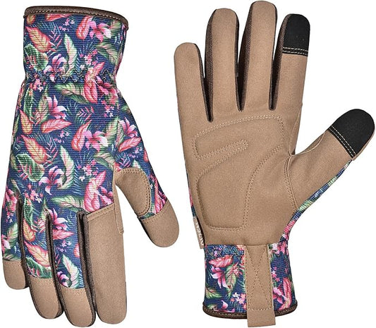Gardening Gloves for Women and Men, Garden Gloves with Touch Screen, Thorn Proof Puncture Resistant Working Gloves, Gardening Gifts for Women,Blue-brown flowers M