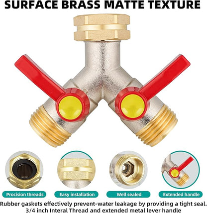 full flow Garden Hose Splitter, 3/4”GHT Inlet Brass Heavy Duty High Flow Hose Splitter 2-Way Full Flow, Hose Y-Valve Faucet Adapter, Runner and Large Outlet with Extended Handle.