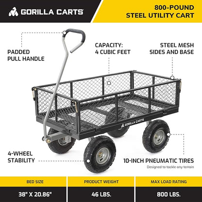 Gorilla Carts Steel Utility Cart, 4 Cu Ft Bed, 800 lb Load Capacity, Black – Heavy-Duty Outdoor Hauling Wagon with Removable Side Panels for Yard, Lawn, Garden or Landscaping