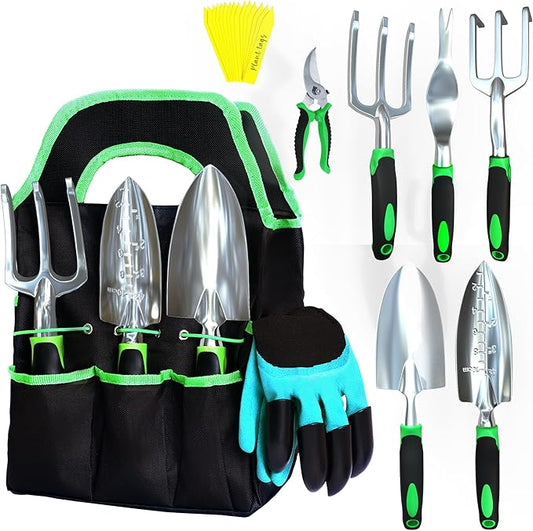 8 PCS Gardening Tools Set with Bag | Heavy-Duty Rust-Proof Hand Tools with Plastic Handles Includes 15 Plant Tags | Ideal Gift for Women, Men, Mom, Dad & Gardeners