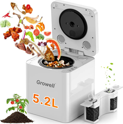 5.2L Large Electric Composter for Kitchen, Smart Odorless Compost Bin with 2-in-1 Activated Carbon Filter, Large LED Display, Child Lock, Auto-Cleaning, Indoor Countertop Food Waste Composting Machine