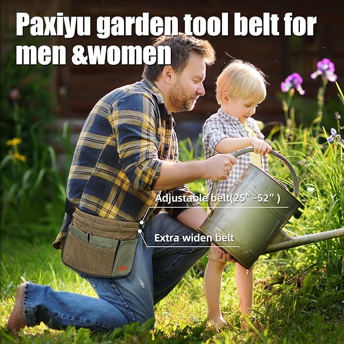 Garden Tool Belt for Men & Women, Denim Wide Adjustable 5-Pocket Waist Garden Apron - Heavy Duty Tool Pouch for Gardening, DIY, Carpenter, Woodworking, Painting, Seamstress, and Crafts (Green)