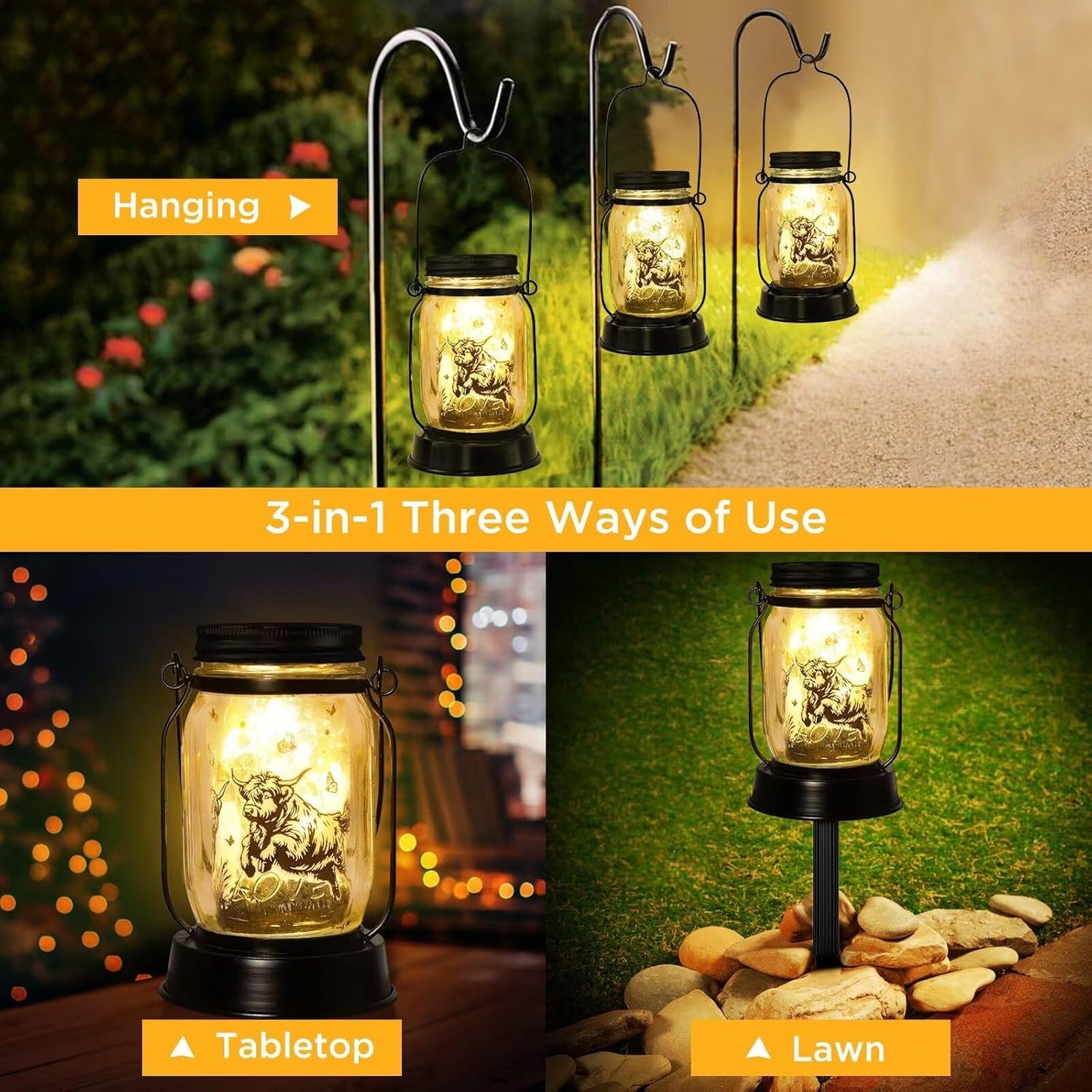 Highland Cow Gifts for Women/Men Highland Cattle Lovers Solar Lantern Mom Birthday, Mothers Day, Christmas Gifts, Solar Cow Garden Decoration Outside for Yard, Patio,Backyard,Porch, Torches