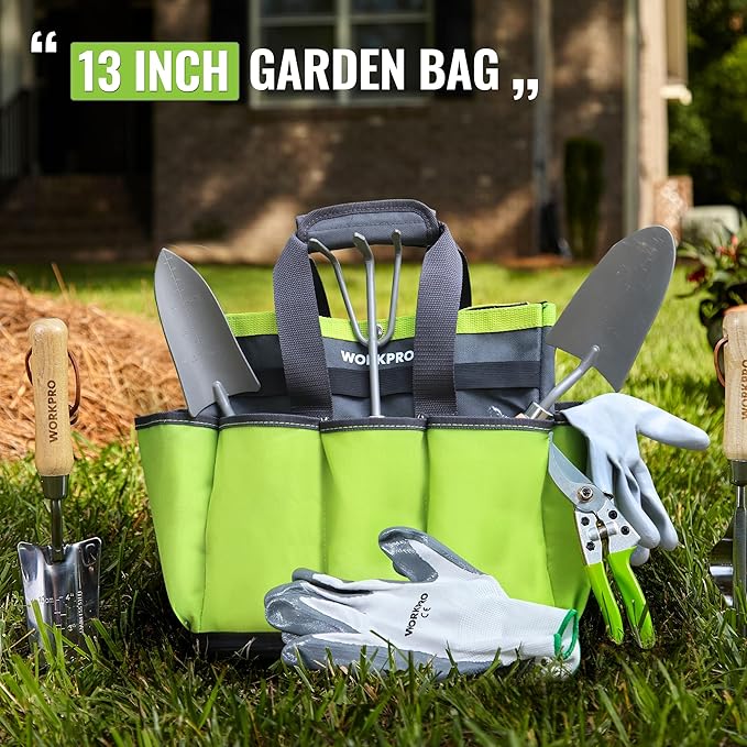 WORKPRO Garden Tool Bag with Waterproof Plastic Base, 8 Pockets Gardening Bag, Heavy Duty Oxford Garden Tote Caddy, Gardening Tool Kit Holder for Indoor and Outdoor(Tools NOT Included)