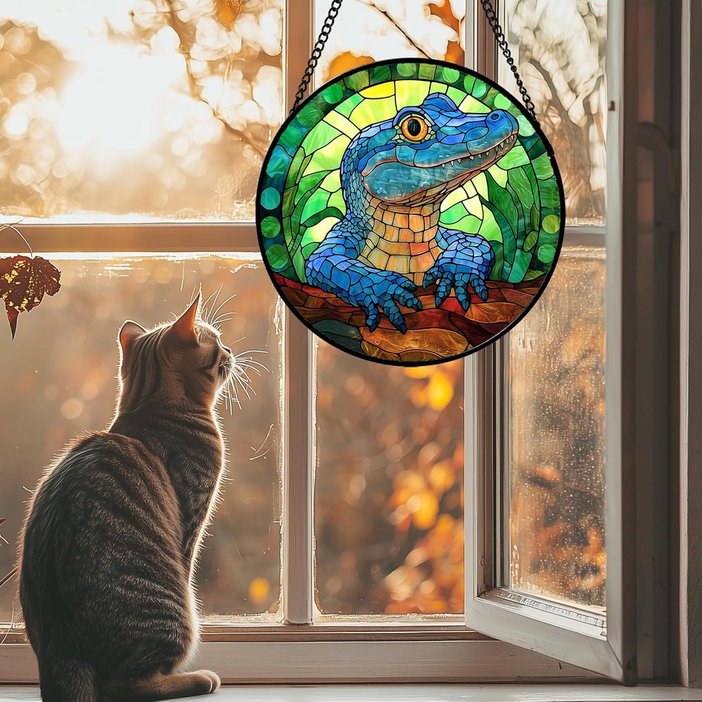 Stained Glass Window Hanging, Blue Alligator Sun Catcher for Window Door Home Decor Green Brown Suncatcher Christmas Mother's Day Birthday Gifts for Women Men Mom and Nana 15 in