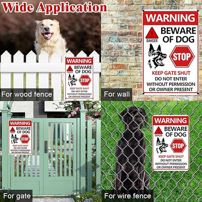 Beware of Dog Sign 2PCS - Beware of Dogs Signs for Fence, Do Not Enter Signs Keep Gate Closed, Stop Danger Warning Reflective Tin Decoration for Garden Yard Wall Metal Decor 11.8x7.9 Inches