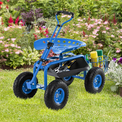 Goplus Rolling Garden Cart with Seat, Outdoor Garden Stool with Wheels, Tool Tray & Basket, Adjustable Steering Handle, 360 Degree Swivel Seat for Planting, Gardening Scooter for Lawn, Yard, Patio