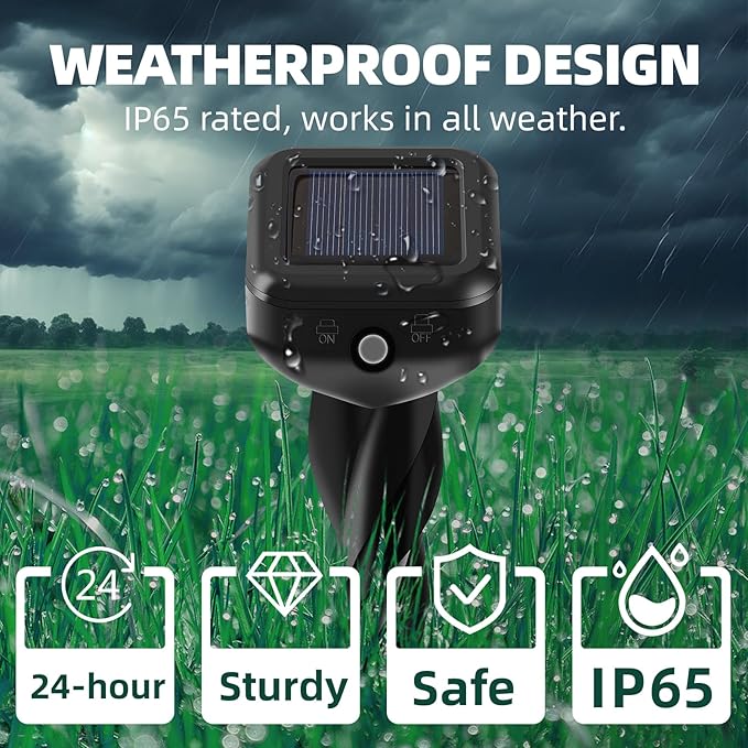 2025 Upgraded Mole & Snake & Skunk & Rabbit Repellent Solar Powered, Ultrasonic Deterrent, IP65 Waterproof, Effective Get Rid of Gopher Raccoon Vole Groundhog Chipmunk for Yard Lawn Garden, 4-Pack
