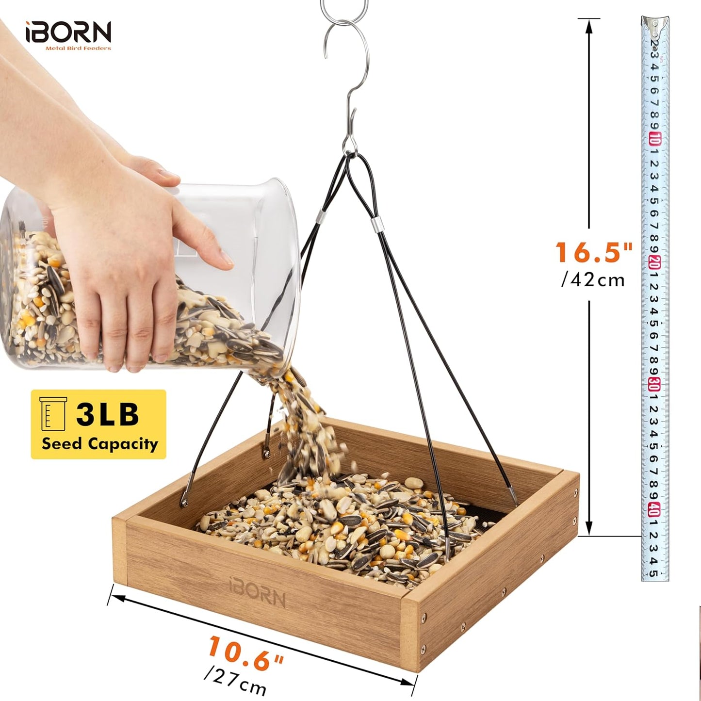 iBorn Platform Bird Feeder Tray Bird Feeders for Outdoors 10.6"x10.6" Platform Feeder with Large Capacity 3 LBS, Recycled Plastic & Cedar Look, Waterproof, Raw