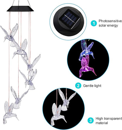 Solar Hummingbird Wind Chimes Outdoor-Waterproof Solar Powered LED Changing Light Color Hummingbirds Mobile Romantic Wind Chime for Mom Gifts, Home,Party,Festival,Night Garden Decoration(Blackboard)