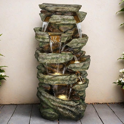SunJet 59" High Multi-Tiers Cascading Rock Outdoor Water Fountain with LED Lights - Large Outdoor Fountains and Waterfalls for Garden or Patio, Yard, and Deck Decor, Featuring Natural Stone Look