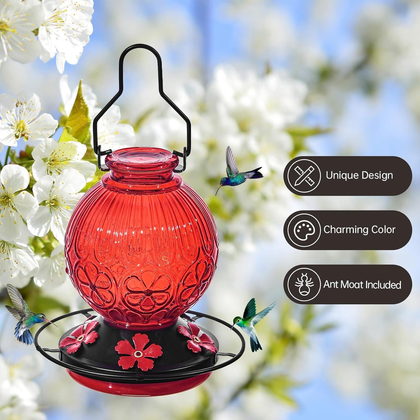 Glass Hummingbird Feeders for Outdoors Hanging, 23Oz Humming Bird Nectar Feeders with Perch, 5 Flower Feeding Ports, Leak Proof Base and Hook for Garden Decor, Gifts for Mom Women (Red)