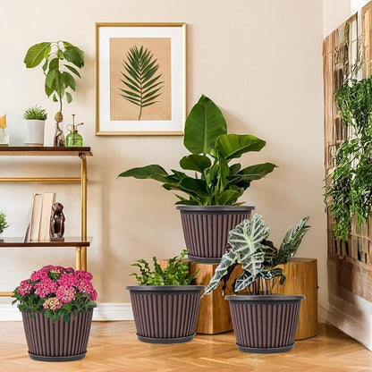 Planter-Pots-for-Plants-Indoor-Outdoor, 4 Pack 10 Inch Plastic Flower Pots with Saucer & Drainage Holes, Modern Garden Planters for Planting Medium Large Plants，Decorative Resin Garden Pots