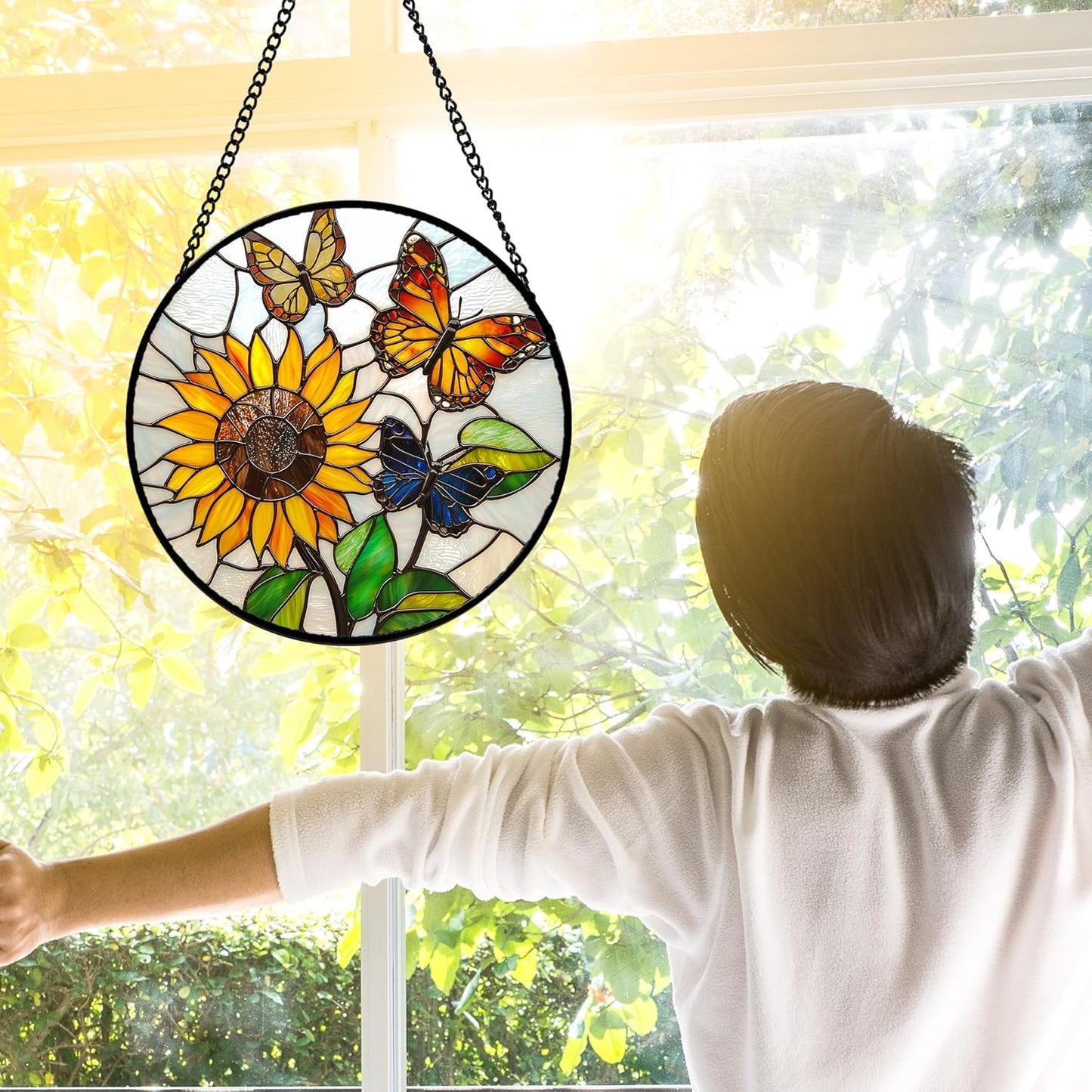 Stained Glass Window Hanging, Butterfly and Sunflowers Sun Catchers Glass Panel Plant Insects Suncatcher Decor for Birthday for Women, Men, Wife, Aunt, and Mom 7.8 in