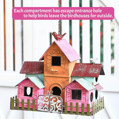 Large Bird Houses for Outside Hanging, Metal Bird Houses for Outside with 5 Compartments for Birds to Nest in, Durable Colorful Bird House 10 Hole Birdhouses for Outdoors Hanging