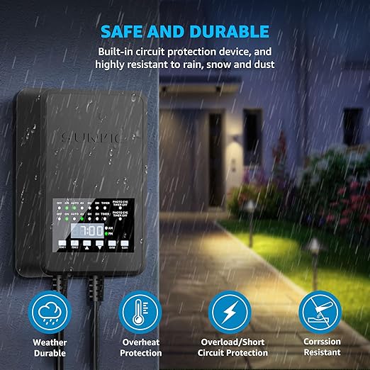 SUNVIE 200W Low Voltage Landscape Transformer with 2 Independent Control Output Landscape Lighting Transformer with Timer and Photocell Sensor 120V AC to 12/14V AC Weatherproof Low Voltage Transformer