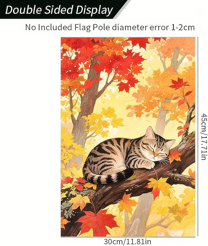 Thanksgiving Fall Garden Flag 12x18 Inch Welcome Tabby Cat Flag Double Sided Outdoor Autumn Yard Banner Sleeping Kitty and Colorful Leaves for Porch Lawn Patio Seasonal Decor