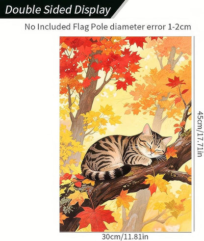 Thanksgiving Fall Garden Flag 12x18 Inch Welcome Tabby Cat Flag Double Sided Outdoor Autumn Yard Banner Sleeping Kitty and Colorful Leaves for Porch Lawn Patio Seasonal Decor