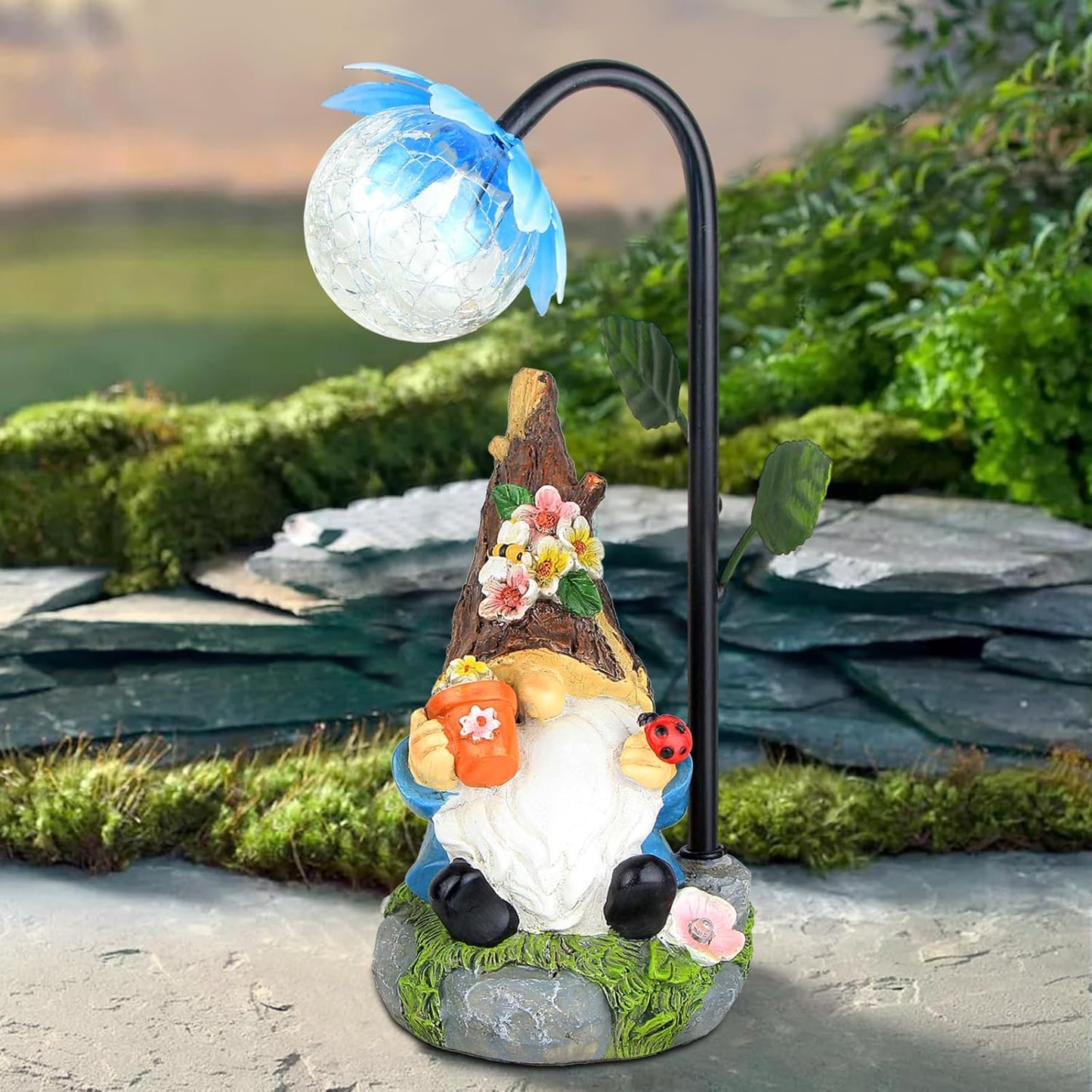 Garden Gnomes Statue Decor, 9.4'' Resin Gnome Figurine with Colorful Gradent Solar LED Lights,Outdoor Decorations for Patio Yard Lawn Porch,Ornament(Blue)
