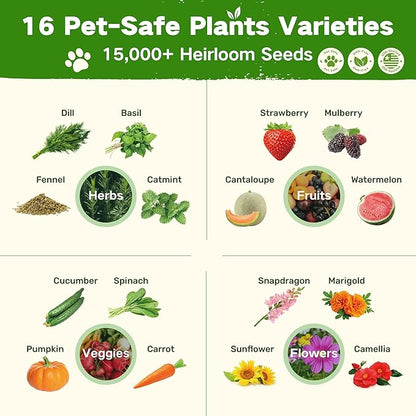 Lush&Dew Pet-Friendly Heirloom Seed Bank, Gardening Gifts for Women Men, 16 Varieties 15,000+ Non-GMO Seeds for Planting Herbs Flowers Vegetables in Raised Bed Windowsill, Annuals & Perennials