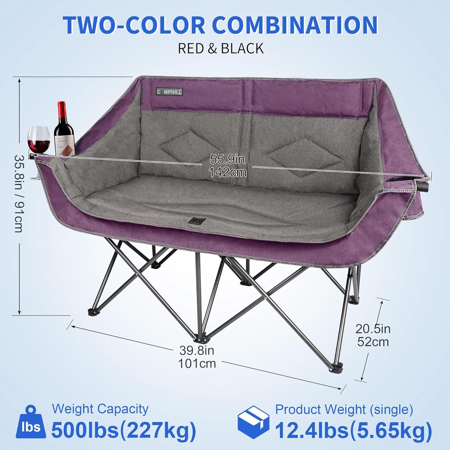 Oversized Double Camping Chair-Heavy Duty 2 Person Folding Loveseat Camp Couch for Adults,Portable Outdoor Lawn Chairs with Padded Seat for Fishing,Sports and Patio,Supports 500 LBS,Purple