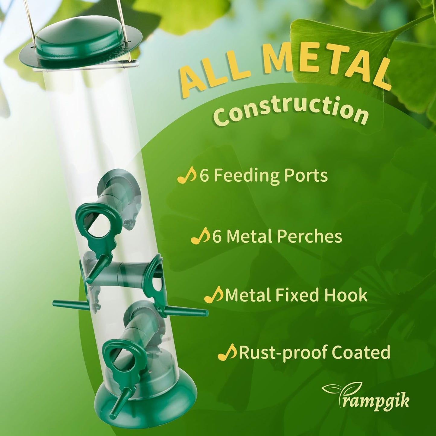 Metal Tube Bird Feeders for Outdoors Hanging,Finch Feeders for Outside,Chew-Proof Hanging Birdfeeder,Squirrel-Proof 6 Ports Bird Feeder 13 Inch,Anti-Rust,Green,1 Pack(Seed is not Included)