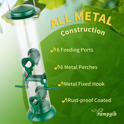 Metal Tube Bird Feeders for Outdoors Hanging,Finch Feeders for Outside,Chew-Proof Hanging Birdfeeder,Squirrel-Proof 6 Ports Bird Feeder 13 Inch,Anti-Rust,Green,1 Pack(Seed is not Included)