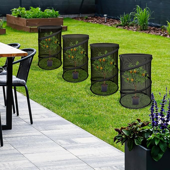 Pop up Plant Cover Net, 4 Pack Black Round Foldable Net Cover to Prevent Animal Damage, Garden Plant Protection Cover with Stakes for Outdoor Plants
