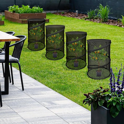 Pop up Plant Cover Net, 4 Pack Black Round Foldable Net Cover to Prevent Animal Damage, Garden Plant Protection Cover with Stakes for Outdoor Plants