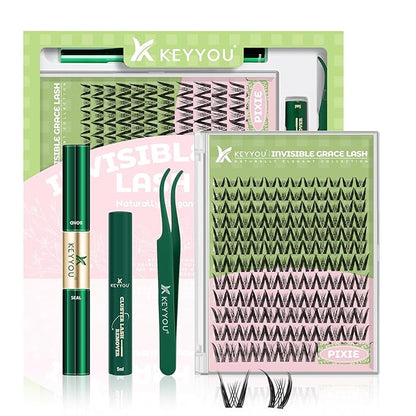 KEYYOU Pixie Lash Clusters Kit Fairy Lash Extension Kit D Curl 144Pcs Eyelash Extension Kit Wispy Natural Invisible Band Lash Kit with Waterproof DIY Lash Extension Kit at Home(Pixie-D-10-16MIX)