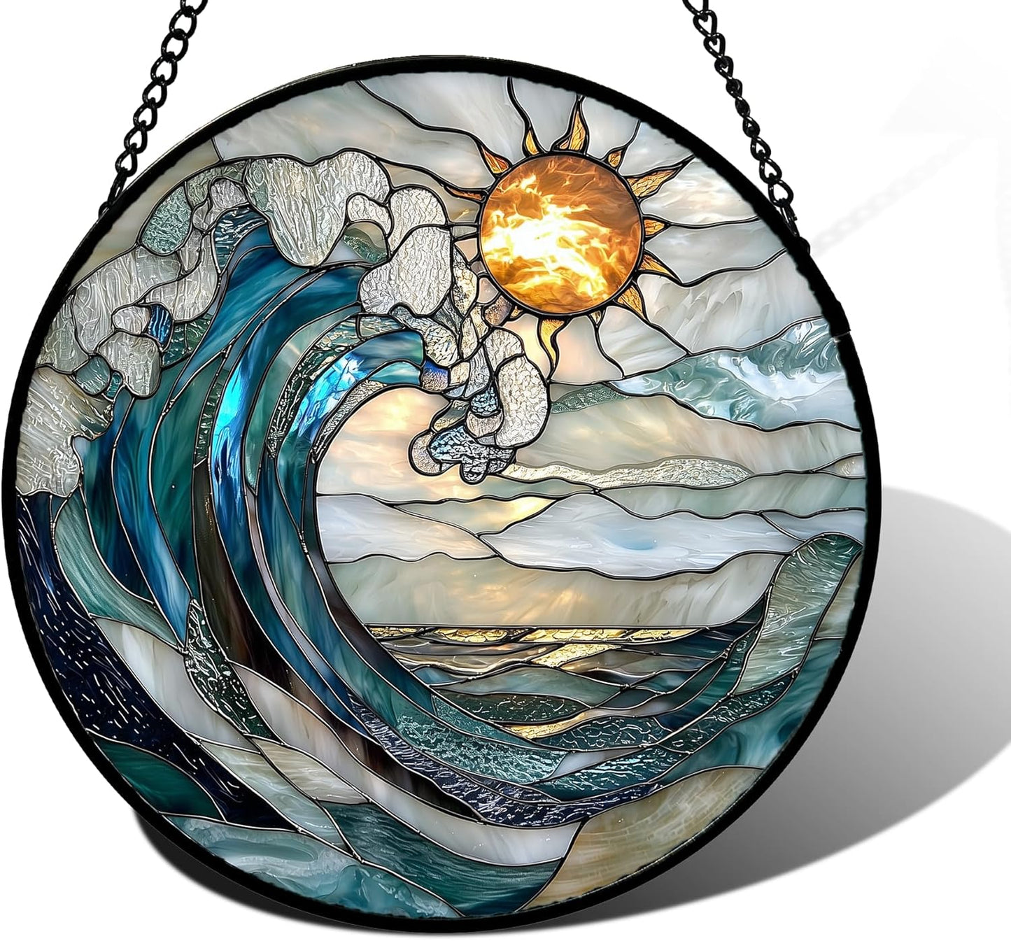 Stained Glass Window Hanging, Blue and White Waves Suncatcher Diamond Glass Panel Landscape Sun Catchers Decor for Birthday for Women, Men, Wife, Aunt, and Mom 9.8 in