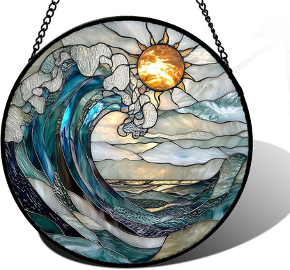 Stained Glass Window Hanging, Blue and White Waves Suncatcher Diamond Glass Panel Landscape Sun Catchers Decor for Birthday for Women, Men, Wife, Aunt, and Mom 11.8x11.8 in