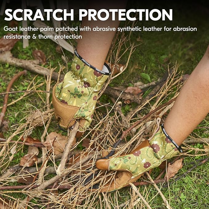 Vgo... 1Pair Gardening Gloves for Women, Goatskin leather Thorn Proof Working Gloves for Weeding, Digging, Raking, Pruning and Planting,Touchscreen (M,Light Green,GA7471)