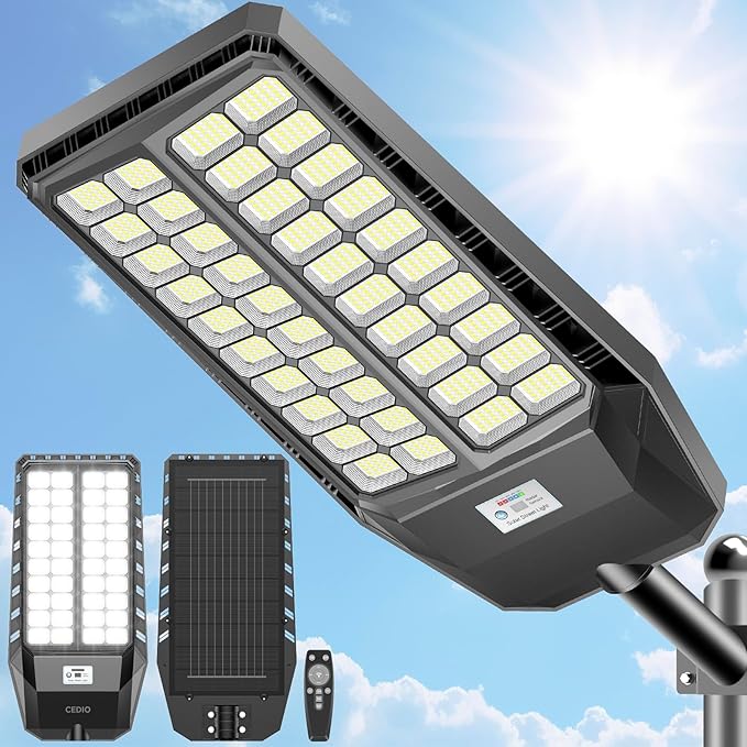 CEDIO Outdoor Solar Street Lights, Solar Lights IP66 Waterproof LED Street Light Dusk to Dawn, Flood Light with Motion Sensor for Yard (9800W-1PACK)